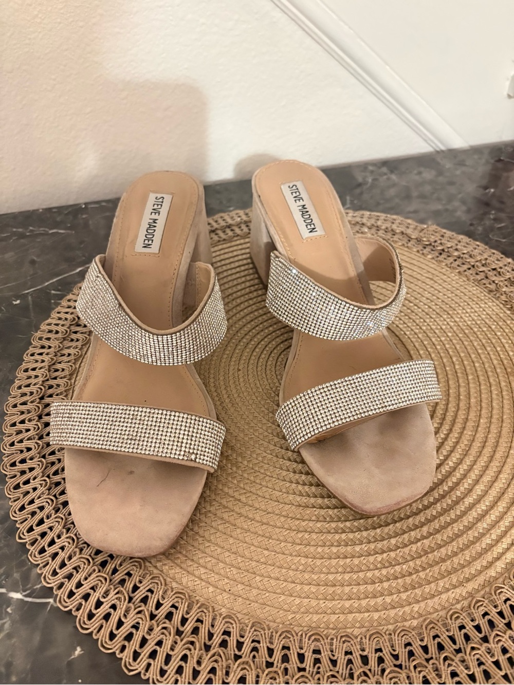 Steve Madden Beige Rhinestone Double-Strap Block Heel Sandals